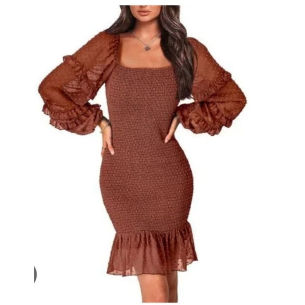 Womens Small Sexy Long Sleeve Bodycon Mini Fall Dress Swiss Dot Smocked